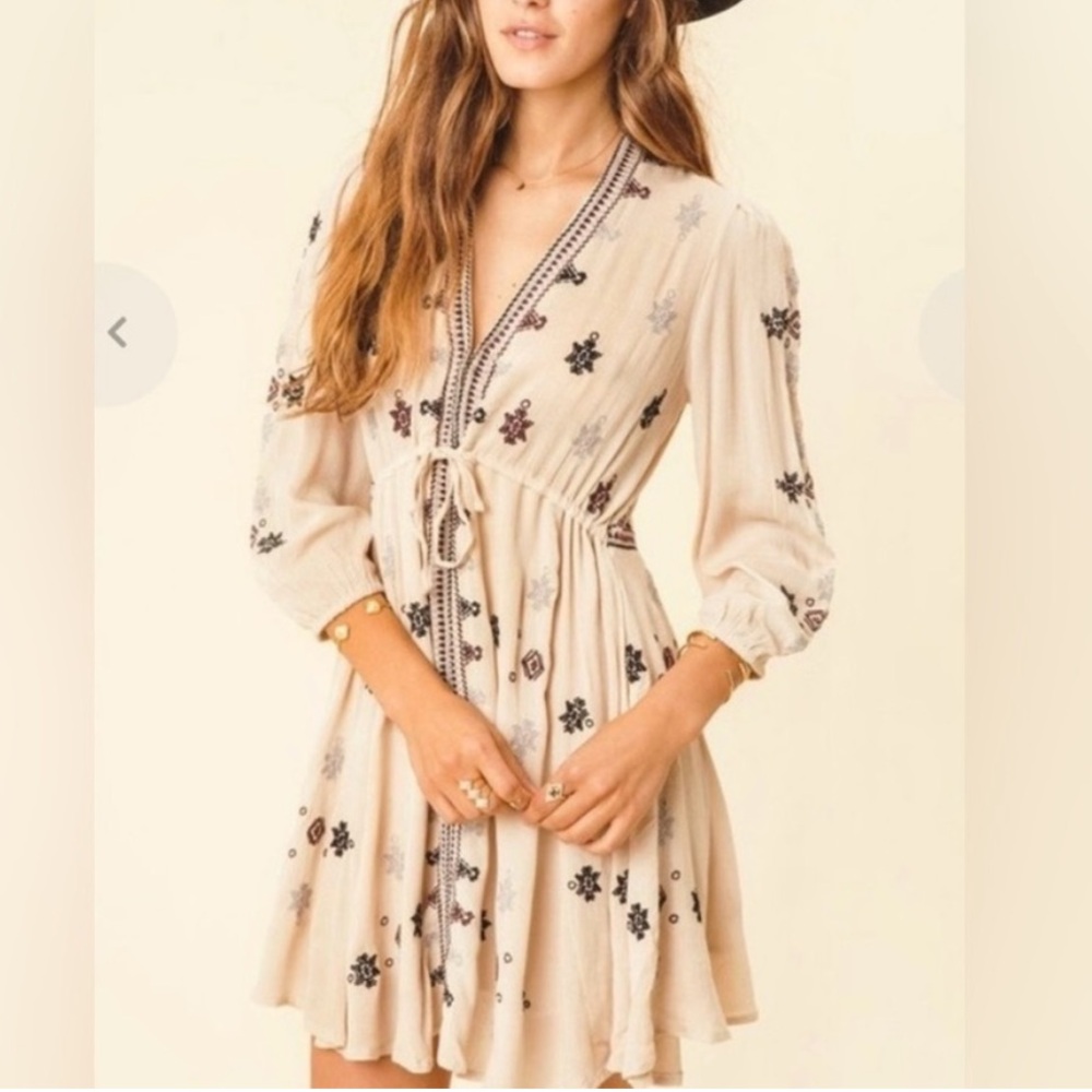 Free People Cream Embroidered Star Gazer Peasant Sleeve Dress